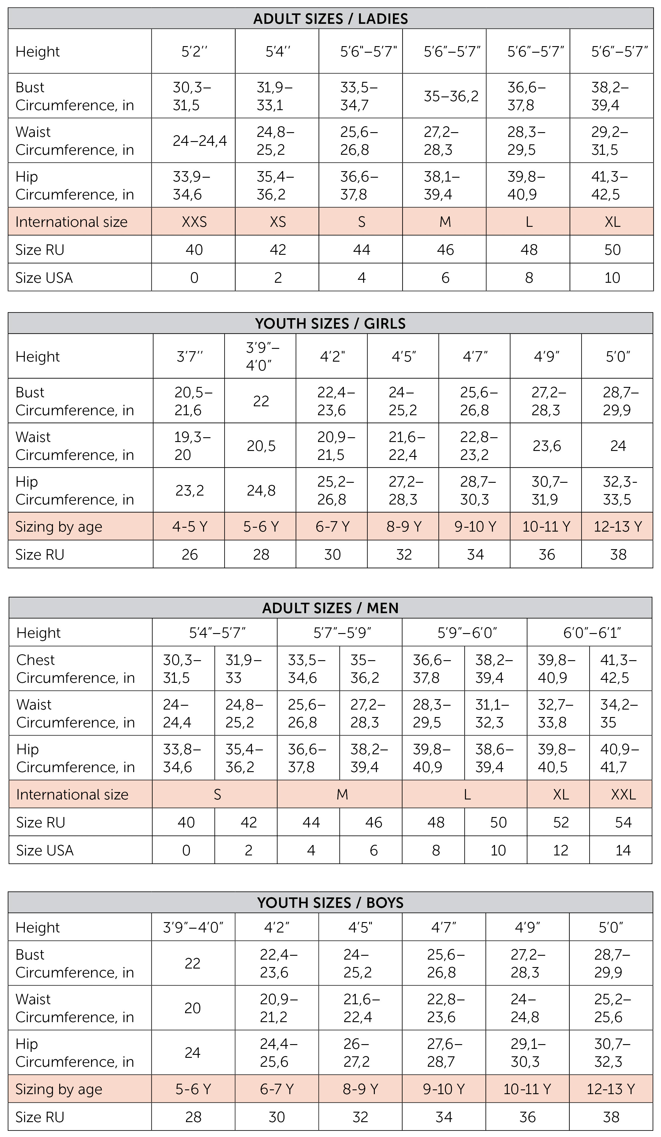 Nikolay apparel size correspondance chart