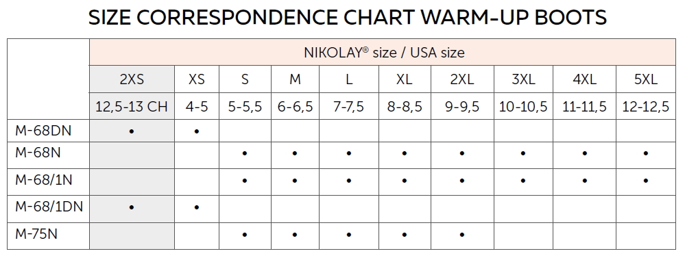 Grishko warm up booties size coresponding charts for kids and adult